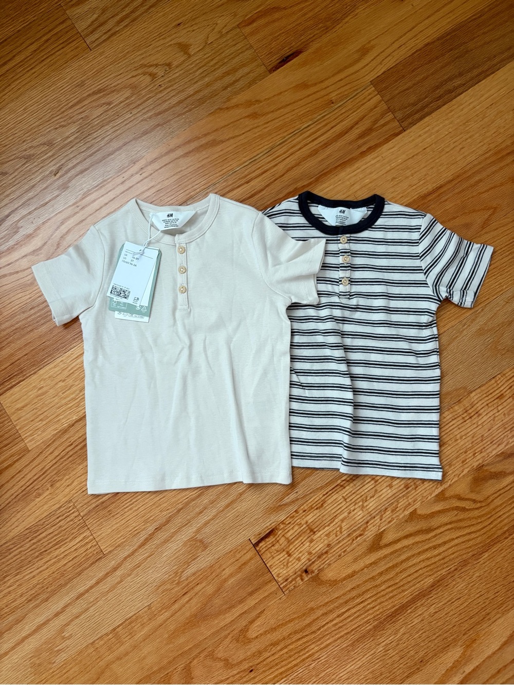 H&M Kids Short Sleeve Henley Tee Duo - Cream & Black Stripe
